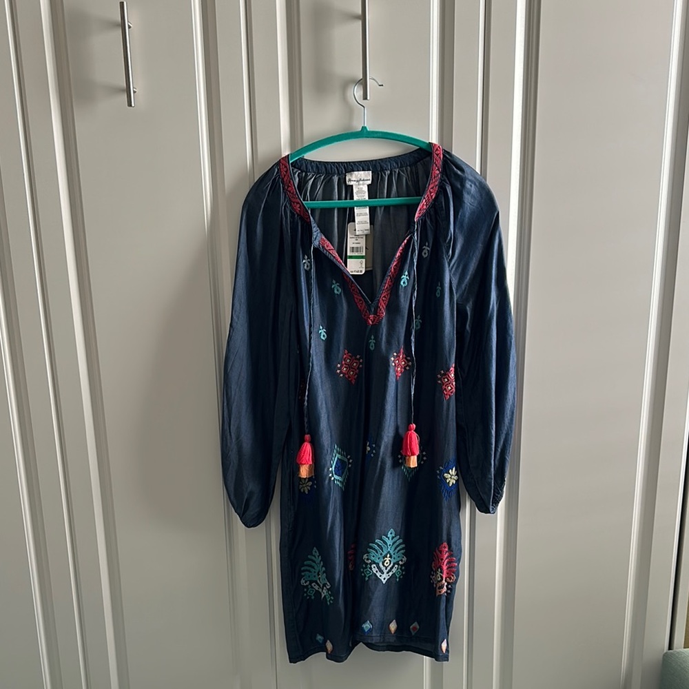 Tommy Bahama Embroidered Navy Tunic Dress with Tassels
